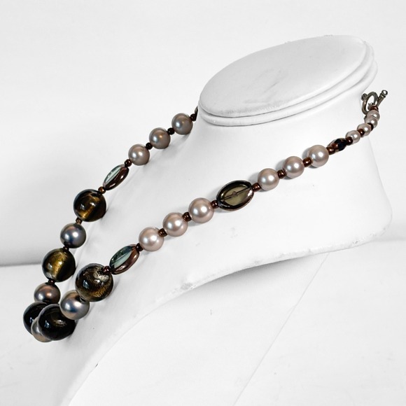 Artisan Beaded Necklace Lampwork Glass Faux Pearl Mauve Bronze Olive 19 Inch - Picture 5 of 7